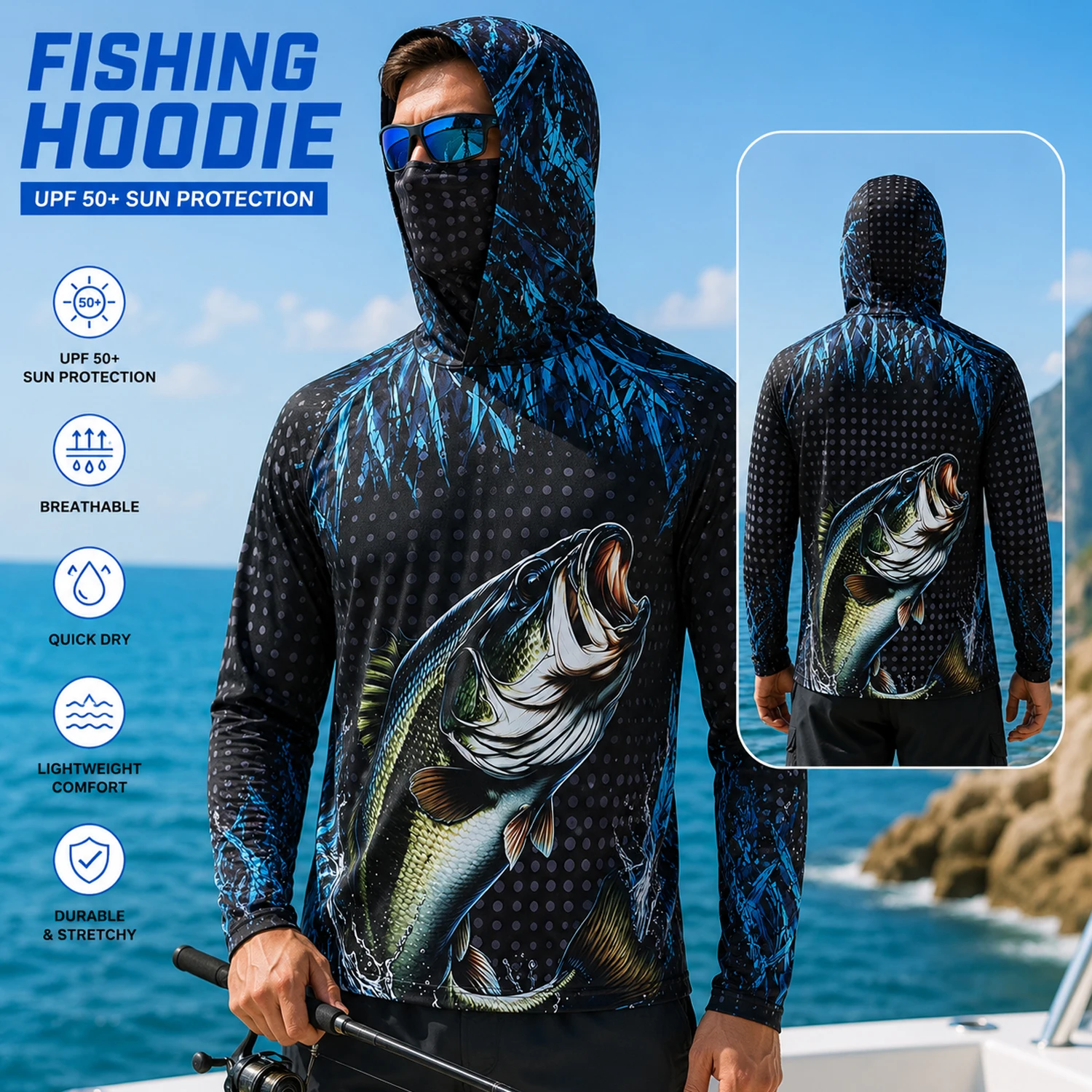 Hiking - Herren-Angelhoodie mit UPF50+ und Gesichtsmaske, schnelltrocknend,