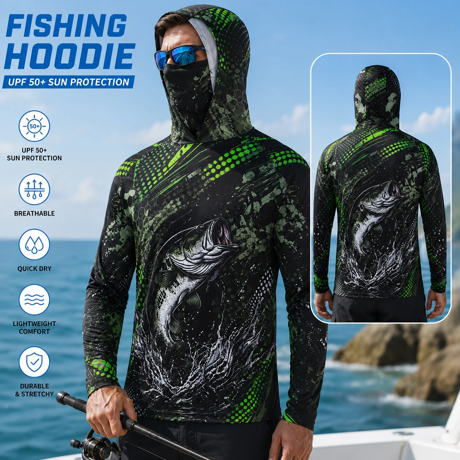 Hiking - Herren-Pro-Angler-Bass-Angelhemd mit Kapuze und Gesichtsschutz, UPF